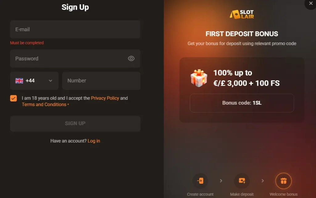 Slotlair registration process